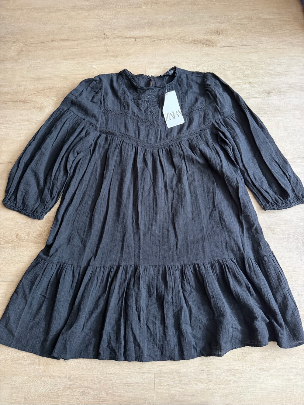 ZARA Women Black SHORT TIERED DRESS Boho SZ M Cotton NWT